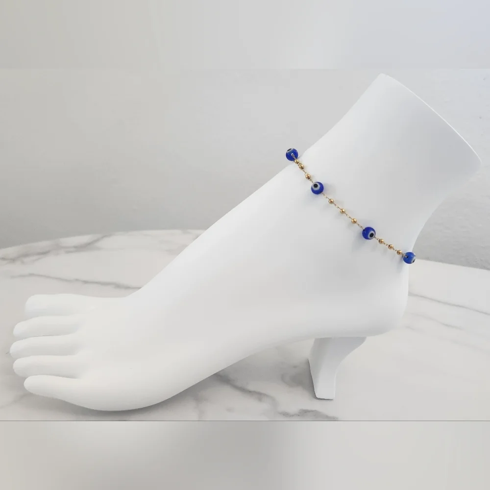 Modern Style Beaded Blue Evil Eye 18K Gold Plated Bracelet - Picture 4 of 11